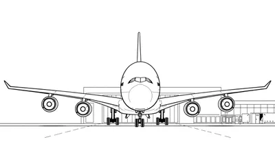Kleurplaat van een Airbus A380 van Emirates vliegtuig aan de gate, met luchthaventerminal op de achtergrond.