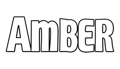 Kleurplaat van het woord AMBER in dikke, zwarte letters met lege kernen op een witte achtergrond.