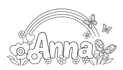 Kleurplaat met de naam Anna in het midden, omringd door een regenboog, bloemen en vlinders.