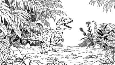 Zwart-wit tekening van een baby velociraptor die uit een ei klimt in een jungle met grote bladeren en bloemen.