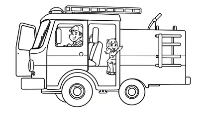 Kleurplaat van een brandweerwagen met op de bestuurdersplaats een jongen met helm en in de deuropening een zwaaiend meisje met een staartje. Een brandweerwagen met ladder en sirene.