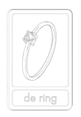 Lijntekening van een ring met een grote edelsteen aan de bovenzijde, vastgehouden door klauwtjes. Onder de ring staat de tekst 'de ring'. Het geheel is een leerkaart/kleurplaat.