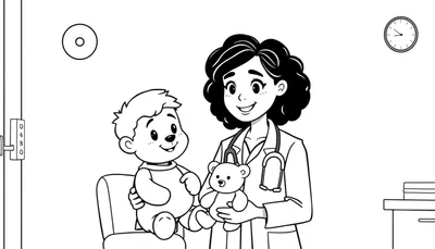 Kleurplaat van een vrouwelijke dokter die een kind met knuffels troost.