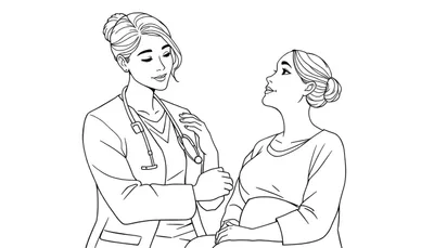 Lijnttekening van een vrouwelijke arts met een stethoscoop om haar nek die de arm van een zwangere vrouw aanraakt.