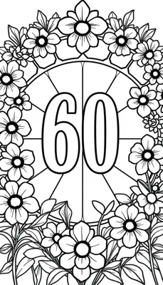 Kleurplaat van het getal 60 omringd door madeliefjes en bladeren in een cirkel, met een decoratief ornament aan de buitenkant, in de stijl van glas-in-lood.