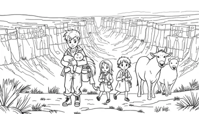 Kleurplaat met een groep kinderen, een baby, een hond en een koe die door de Grand Canyon reizen, met versleten kleding en op de achtergrond steile rotswanden.
