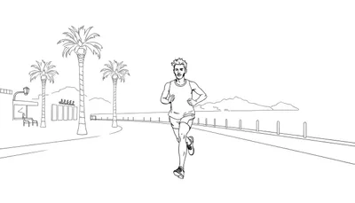 Kleurplaat van een hardloper in een tropische omgeving, met palmbomen en een marathonoontje.