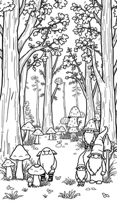 Kleurplaat van een sprookjesachtig herfstbos met bomen, paddenstoelen en kabouters.
