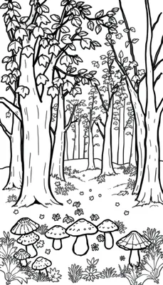 Zwart-wit kleurplaat van een herfstbos met grote en kleine bomen, diverse paddenstoelen met platte en ronde hoeden, en verspreide herfstbladeren op de grond.