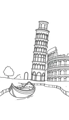 Kleurplaat met de Toren van Pisa, het Colosseum, een boot in een gracht en een boom.