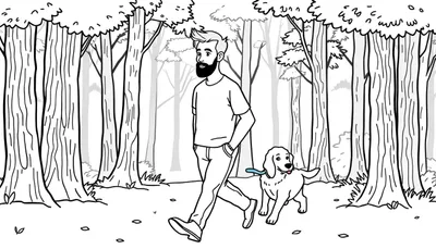 Kleurplaat van een jonge man met baard en kuifje die met zijn Curly Coated Retriever door een bos loopt.