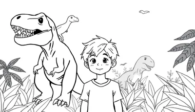 Kleurplaat van een jongetje met blond haar in het oerwoud, omringd door T-Rexen en andere dinosaurussen, met een Pterodactylus op zijn schouder.