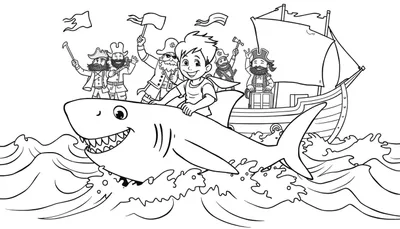 Kleurplaat van een jongen die op een haai rijdt, met piraten op de haai en een piratenschip op de achtergrond.