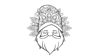 Lijntekening van een kabouter met dichtgeknepen ogen, een vriendelijke uitdrukking en een muts, met een mandala van bloemblaadjes rondom zijn hoofd en gezicht.