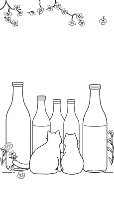 Lijntekening van een bloesemtak met bloemen en blaadjes, vijf limonadeflessen op een rij, twee katten die erachter zitten en naar de flessen kijken, en bloemen aan weerszijden van de flessen.