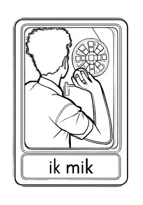 Kleurplaat van een man die aan het darten is, gezien vanaf de achterkant, met krullend haar, een dartpijl in zijn hand en een dartbord voor zich. De tekst 'ik mik' staat erbij.