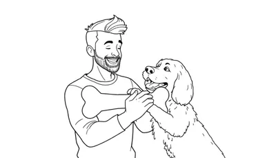 Kleurplaat van een man met baard en hond die samen spelen met een bot.