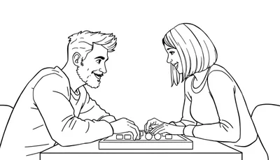 Kleurplaat: Man met baard en kuif en vrouw met boblijn spelen gezellig samen een bordspel aan tafel.