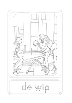 Kleurplaat van drie gemaskerde personen die op een wip spelen in een stedelijke omgeving.