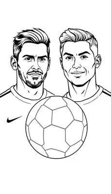 Zwart-wit illustratie van Lionel Messi en Cristiano Ronaldo staand naast elkaar met een voetbal ertussen, klaar om ingekleurd te worden.