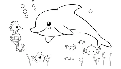 Kleurplaat van een vrolijke dolfijn die zwemt met vriendjes, waaronder een zeepaardje en diverse kleine vissen, te midden van bubbels en zeewier.