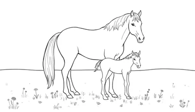 Kleurplaat van een groot paard met een jong veulen in een weiland met gras en bloemen.