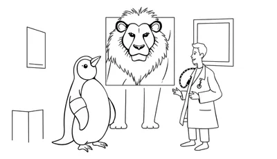 Kleurplaat van een pinguïn die naar een leeuw in een kader kijkt, met een dokter met een stethoscoop ernaast.
