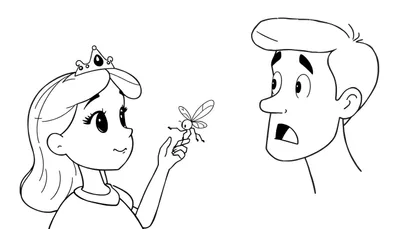 Kleurplaat van een prinses die een insect vasthoudt op haar vinger, terwijl een man met een verbaasde uitdrukking naar haar kijkt.