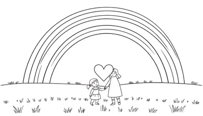 Kleurplaat van een regenboog met een mama en kindje die een hart vasthouden.