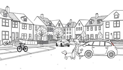 Kleurplaat van een straat met huizen, geparkeerde auto's, fietsen, een meisje met een hond aan de lijn en bomen.