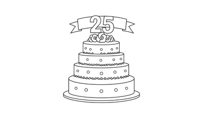 Kleurplaat van een vierlaagse taart met bloemen en een '25' banner, versierd met rondjes en pareltjes, staand op een plateau.