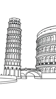 Zwart-wit minimalistische kleurplaat van de Toren van Pisa, een brug en het Colosseum.