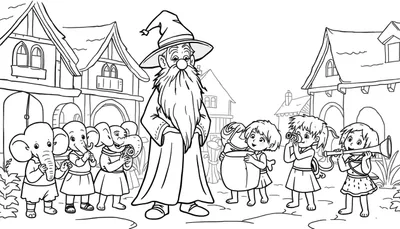 Kleurplaat van een tovenaar met olifantjes en spelende kinderen op een dorpsplein met huisjes.