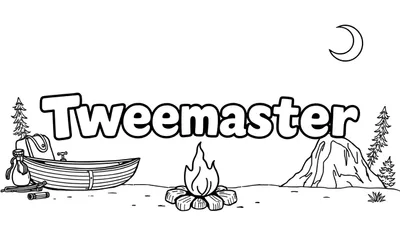 Kleurplaat van het woord 'Tweemaster' omringd door avontuurlijke elementen zoals een boot, kampvuur, rugzak, dennenbomen, maan en berg.
