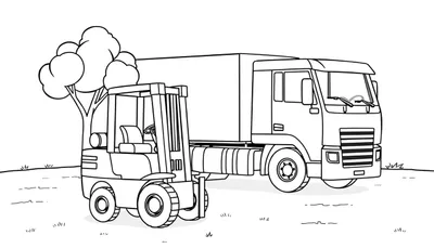 Kleurplaat van een rode vrachtwagen, een gele heftruck, een groene boom en gras, klaar om ingekleurd te worden.
