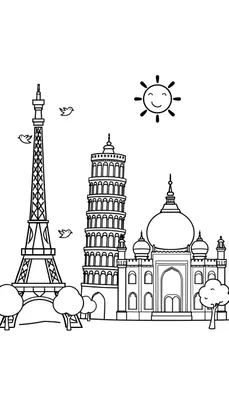 Kleurplaat van de Eiffeltoren, de Scheve Toren van Pisa en het Taj Mahal met een lachende zon en vliegende vogels.