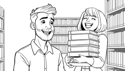 Kleurplaat van een jonge man met baard en kuifje die verrast naar een lachende vrouw met een stapel boeken kijkt in een bibliotheek.