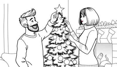 Kleurplaat van een man met baard en kuif en een vrouw met boblijn die samen een kerstboom optuigen, met een open haard en kerstsokken op de achtergrond.