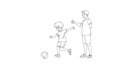 Zwart-wit tekening van twee jongens buiten op een veld, voetballend. De ene jongen maakt een 'duim omhoog' gebaar, de andere bereidt zich voor om de bal te schoppen.