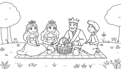 Kleurplaat van een koninklijke familie die picknickt in een park met een mand met fruit.