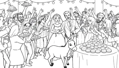 Kleurplaat van een bruidspaar tijdens hun bruiloft, omringd door feestende gasten, slingers met lampjes, een gebakstoren en een ezel.
