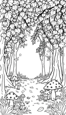 Kleurplaat van een sprookjesachtig herfstbos met grote bomen, een pad vol met paddenstoelen en vallende herfstbladeren.