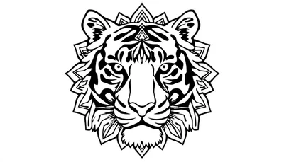 Zwart-witte kleurplaat van een gestileerde tijgerkop in het midden, omringd door een mandala-achtig patroon met scherpe lijnen.