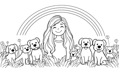 Zwart-wit kleurplaat van een lachend meisje met lang haar dat tussen veel verschillende honden staat in een tuin met bloemen, gras en een regenboog.