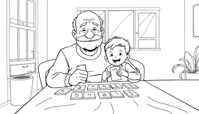 Kleurplaat van een opa met een bijna kaal hoofd en snor, die met zijn blije 5-jarige kleinzoon aan tafel zit en memory speelt. Ze houden kaarten vast en kijken elkaar aan, met op de achtergrond een kast, prullenbak, raam en plant. Het is een warme en gezellige scène.