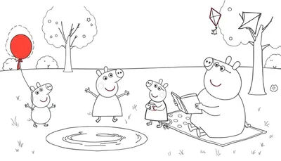 Kleurplaat van Pepa Pig en vriendjes die buiten in het park spelen, met een rode ballon, een boeklezend varkentje en vliegers in de lucht.