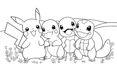 Een zwart-wit lijntekening van vier blije Pokémon: Pikachu, Charmander, Squirtle en Bulbasaur, staand in een grasveld met bloemen.
