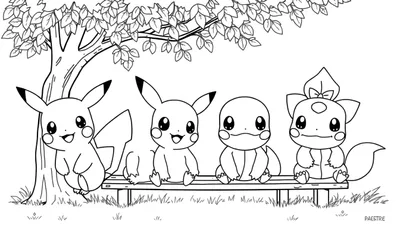 Zwart-wit lijntekening van een Pikachu leunend tegen een boom, een andere Pikachu en een Squirtle zittend op een bankje, en een Chikorita met strikje zittend op het bankje, onder een grote boom met bladeren.