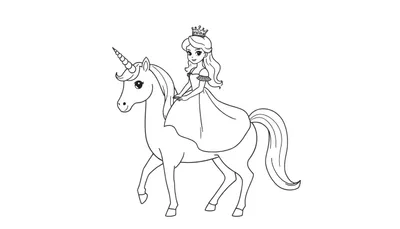 Zwart-wit tekening van een prinses met kroon die op een eenhoorn met lange manen rijdt.