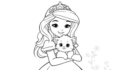 Kleurplaat van een prinses die een poesje vasthoudt met een bloemendecoratie op de achtergrond.